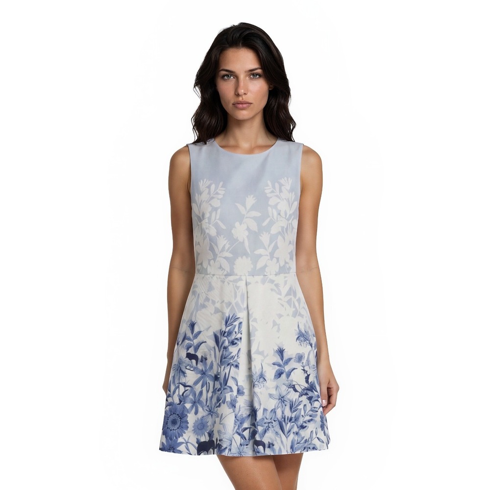 Just Taylor Fit & Flare Dress Women's Size 2 Blue White Floral Sleeveless